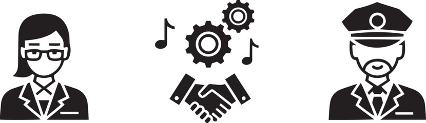 Businesswoman handshake and police officer icons with gears and music Notes Keywords