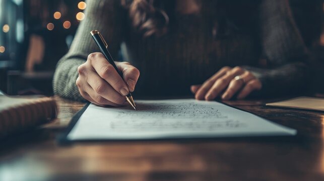 A person writing a long letter on a desk, filled with emotional justification for a difficult decision