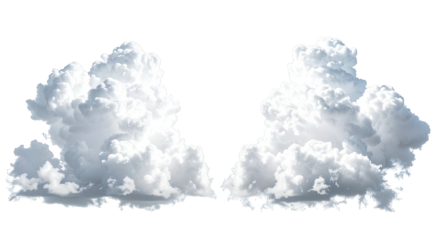 Two fluffy white cumulus clouds against stark black background