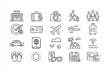 Modern black line travel icon collection for branding and travel website design