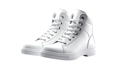 Crisp, white leather high-top sneakers on a sleek black background