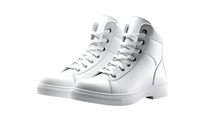 Crisp, white leather high-top sneakers on a sleek black background