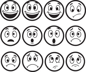 Twelve Different Cartoon Face Emoticons Expressing Emotions