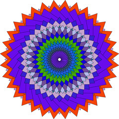 Vibrant colorful geometric mandala pattern with symmetrical concentric circles and hypnotic spiral effect