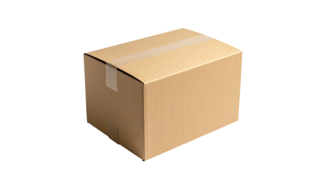 Sealed cardboard box isolated on black. Close-up shot