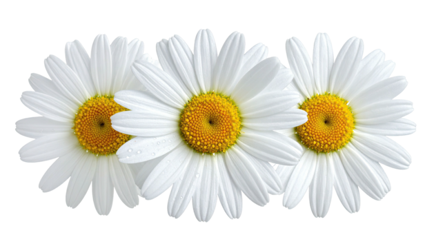 Three white daisies in a row with yellow centers on black