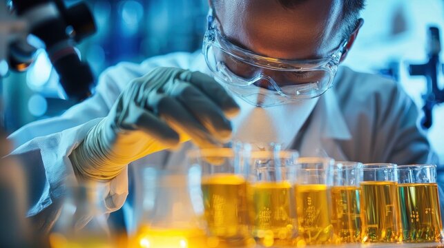A worker carefully handles flammable liquids wearing protective gloves and goggles in a controlled laboratory environment