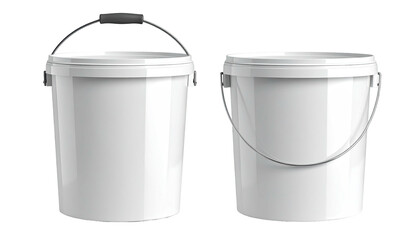 Two white, cylindrical buckets with handles against a black background