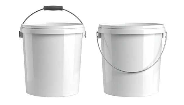 Two white, cylindrical buckets with handles against a black background