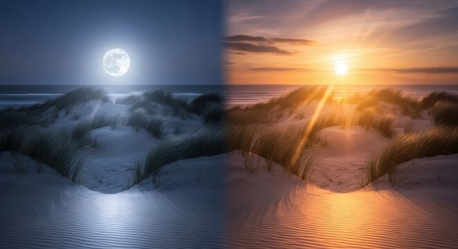 Split image juxtaposes moonlit dunes with sunlit ones, showcasing contrasting times of day