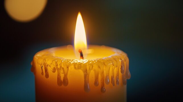 Closeup of a candle flame glowing steadily with melting wax dripping down the sides in a peaceful evening setting