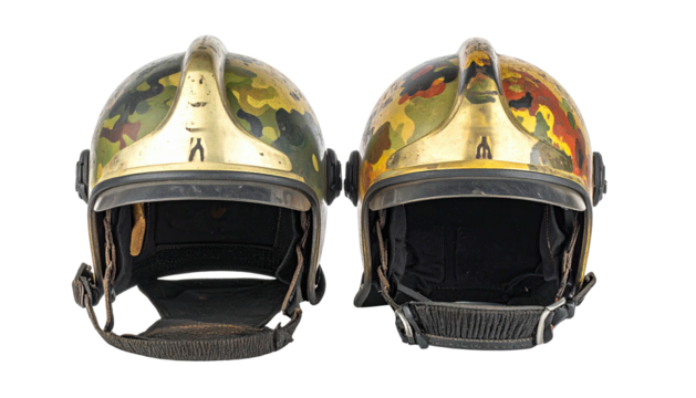 Two camo fire helmets, side-by-side, frontal view