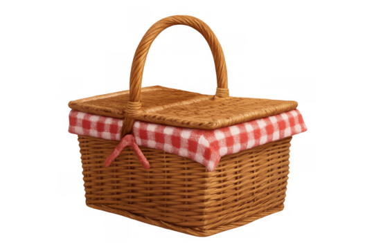 Picnic basket with red gingham cloth, wicker hamper for outdoor summer meals, eating, dining and relaxation, transparent background