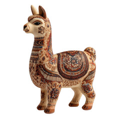 A detailed, ornate ceramic llama figurine, showcasing intricate patterns and designs.