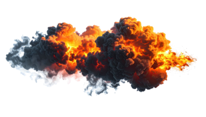 Fiery explosion with billowing smoke against a black backdrop