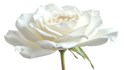 Pristine white rose with delicate layered petals and green stem