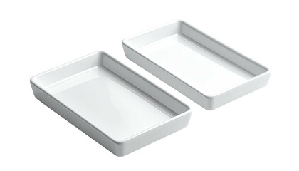 Two empty, rectangular, white trays at an angle