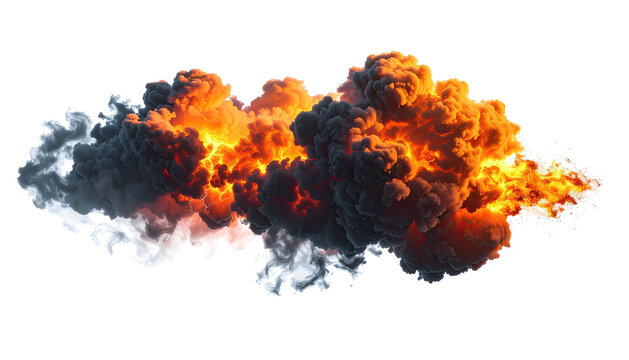 Fiery explosion with billowing smoke against a black backdrop