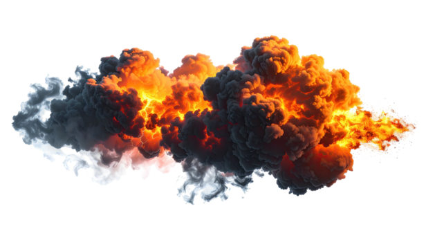 Fiery explosion with billowing smoke against a black backdrop