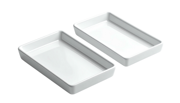 Two empty, rectangular, white trays at an angle