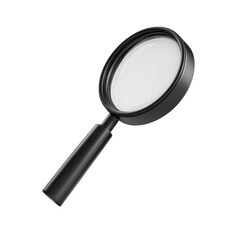 A close-up shot of a black magnifying glass with a clear lens, isolated on white.