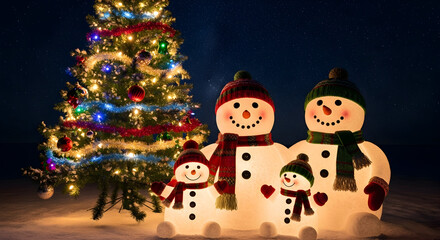 Festive Snowman Family Under Colorful Christmas Tree Lights

