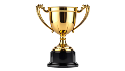 Shiny gold trophy with ornate handles sits on a black base
