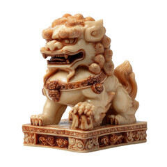 A detailed, close-up photograph of a beige-colored, intricately carved Chinese guardian lion statue.