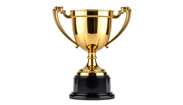 Shiny gold trophy with ornate handles sits on a black base