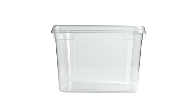 Clear, empty, square plastic container with lid on black