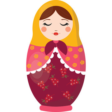 Matryoshka Doll With Closed Eyes And Floral Pattern In Pink And Red With Yellow Headscarf On Transparent Background