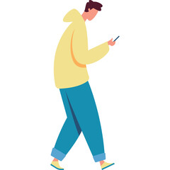 Man Walking While Looking At Phone Wearing Yellow Hoodie Blue Jeans and Yellow Shoes Flat Design Illustration