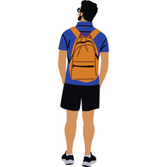 Man with Backpack Facing Away from Viewer on Transparent Background Wearing Blue Polo Shirt and Black Shorts