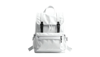 All-white minimalist backpack with black buckles on black background
