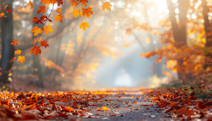 Stunning autumn path through golden trees with falling leaves and soft sunlight creating a vibrant, peaceful scene