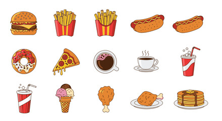 A colorful illustration showcasing a variety of fast food items, including burgers, fries, and drinks.