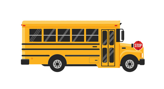 Side profile vector illustration of a classic yellow American school bus with a stop sign, isolated on a white background.