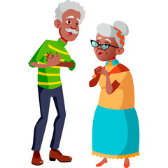Elderly Black Couple Standing Together Outdoors in Casual Attire Discussing Matters with Expressive Gestures