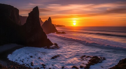 Coastal landscape showcases dramatic rock formations silhouetted against a vibrant sunset sky