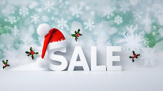 White letters forming the word SALE decorated with a red Santa hat on festive background, Christmas holiday shopping and winter discount concept for seasonal marketing, retail and advertising design - Powered by Adobe