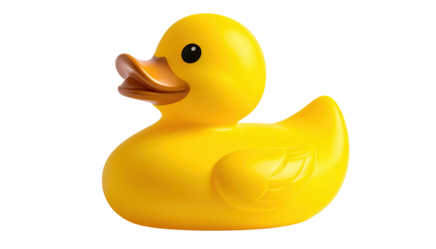 Bright yellow rubber duck with orange beak and button eyes
