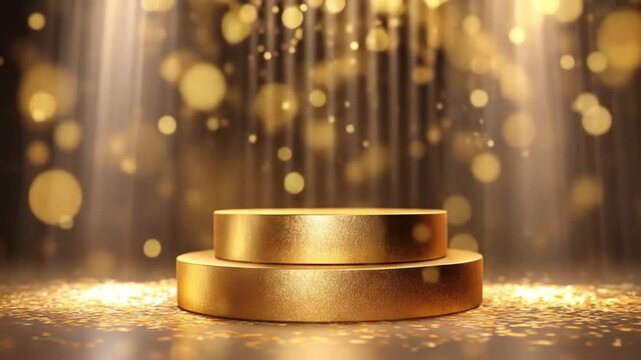 Luxurious gold podium with two stacked rings, shimmering particles, and glowing beams. golden glow.