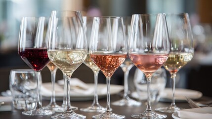 Rows of glasses showcase red white and rose wines in a chic dining atmosphere.