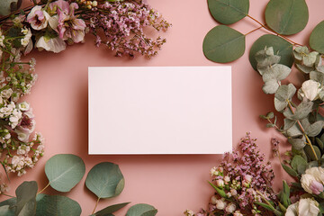 
Blank paper card mockup with frame made of flowers and eucalyptus. Festive floral composition with copy space on a pink pastel background.