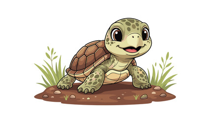 Fototapeta premium A charming cartoon baby turtle with big, expressive eyes and a happy smile stands on a patch of earthy ground with green grass.