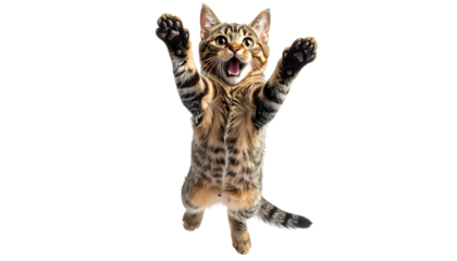 Jumping tabby cat with striped fur, open mouth, paws up