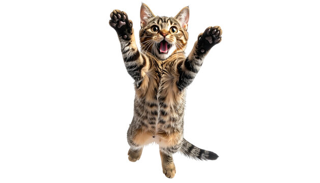 Jumping tabby cat with striped fur, open mouth, paws up