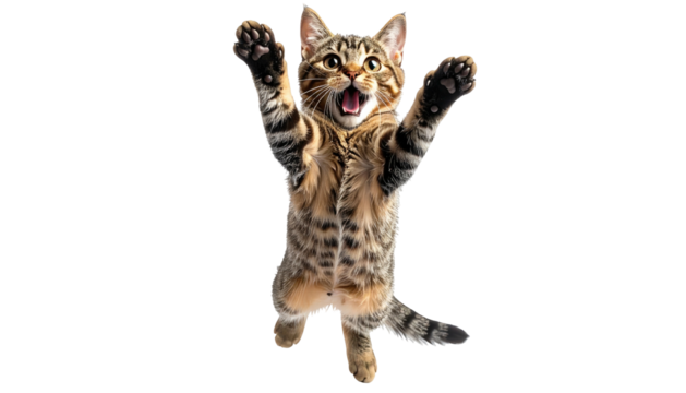 Jumping tabby cat with striped fur, open mouth, paws up