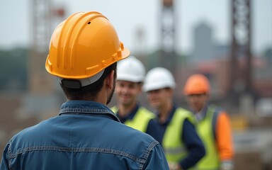 Teamwork of the construction team must have quality. Whether it is engineering, construction workers. And have a helmet to wear at work. For safety at work. High quality
