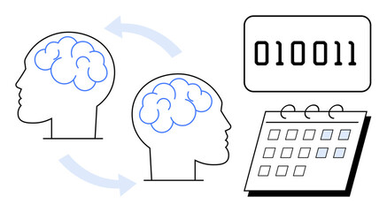 Two profiles with connected brains, binary data, and a calendar emphasize knowledge sharing, technology, and time management. Ideal for teamwork, productivity, planning, innovation digital